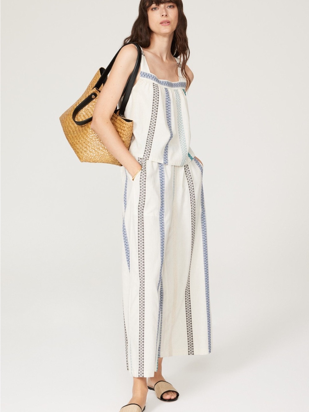 Splendid White Wide-Leg Jumpsuit with Blue & Black Stripes